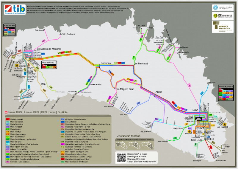 Mapa Lineas de Autobus de Menorca